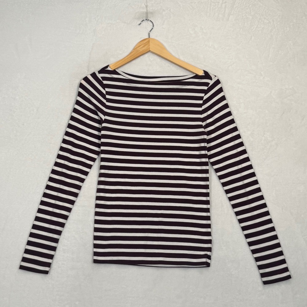 Gap Burgundy Striped Modern Tee Boat Neck Long Sleeve Shirt Size S